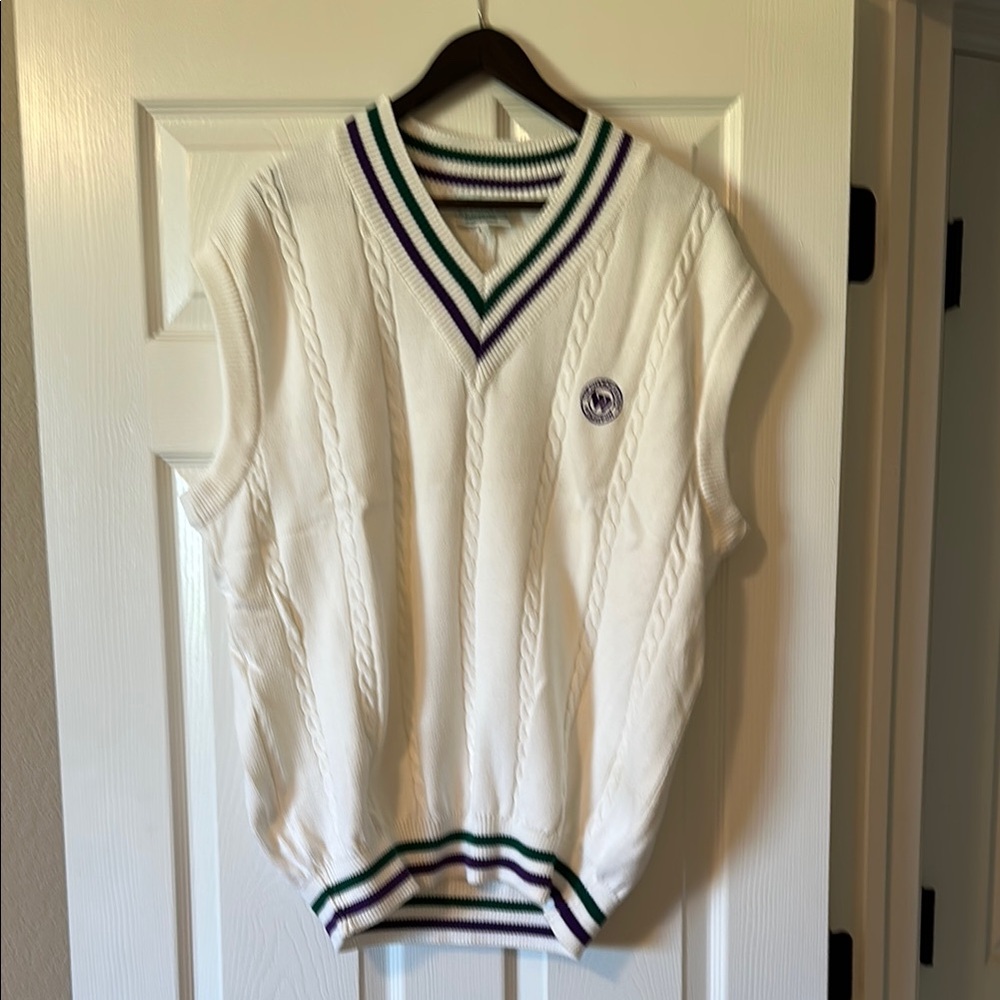 Wimbledon White with Green&Purple Stripes V-Neck Tennis Sweater